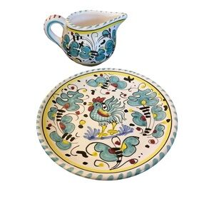Green Rooster Creamer & 6” Wall Plate Hand-painted - DERUTA ITALY Pottery
